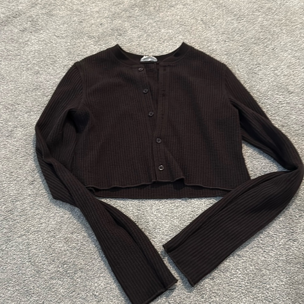 Adanola Brown Waffle Knit Cropped Button-Up Top